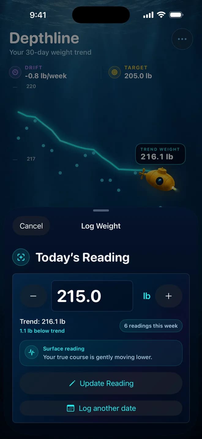Depthline quick entry screen for logging a manual weight reading.