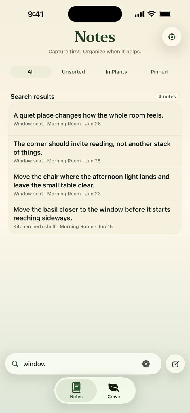NoteGrove Notes search showing matching notes across several plants.