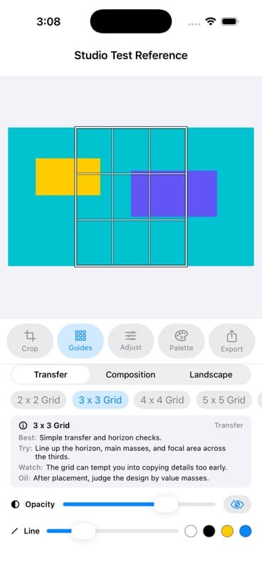 Landscape Composition workspace showing a three-by-three transfer grid over a demo reference and painter-focused guide controls
