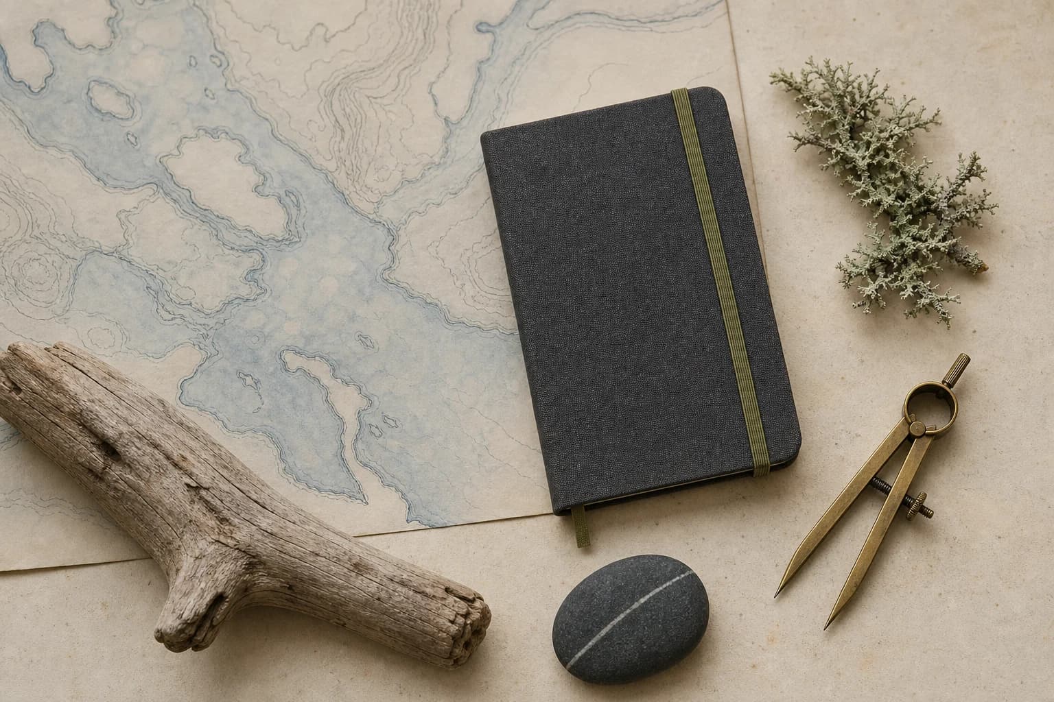 A field notebook, coastal contour drawing, lichen, driftwood, drafting compass, and beach stone arranged on a worktable