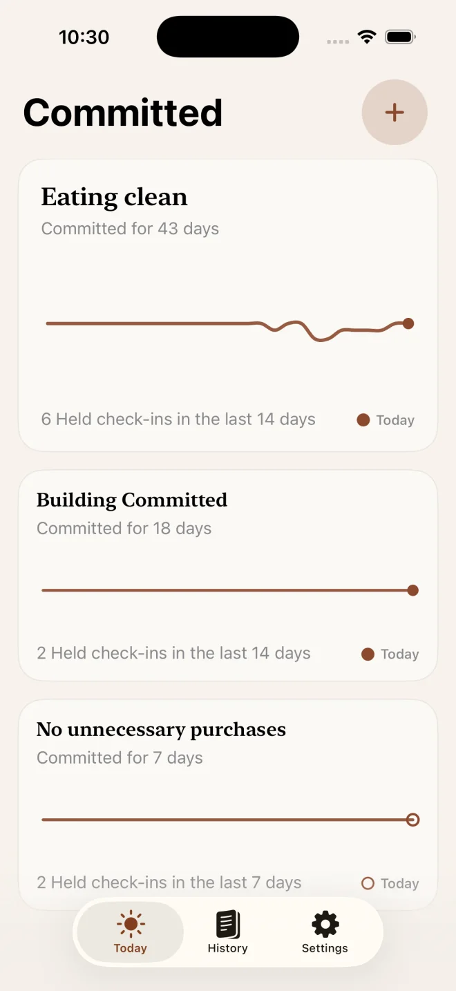 Committed Today screen showing commitments in a calm daily thread