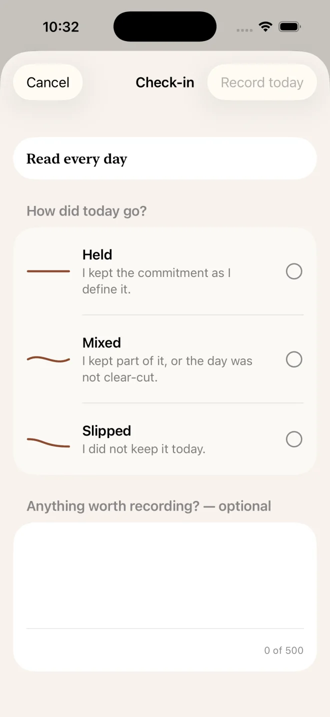 Committed Check-in screen with Held, Mixed, and Slipped choices and an optional note.