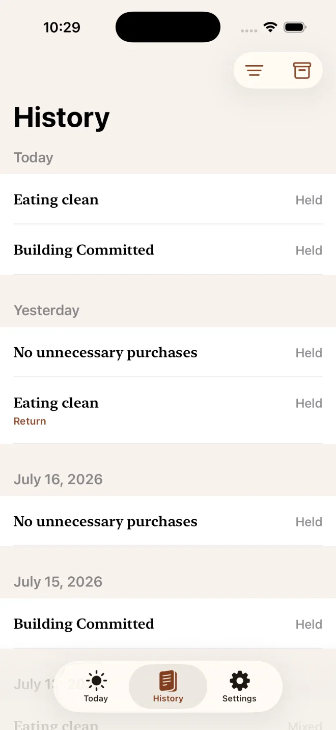 Committed History screen showing check-ins grouped by date.