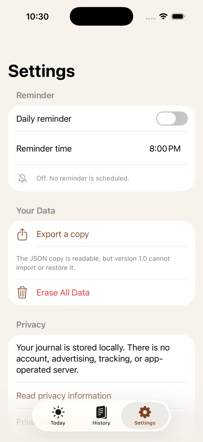 Committed Settings screen with reminder, export, erase, and privacy controls.