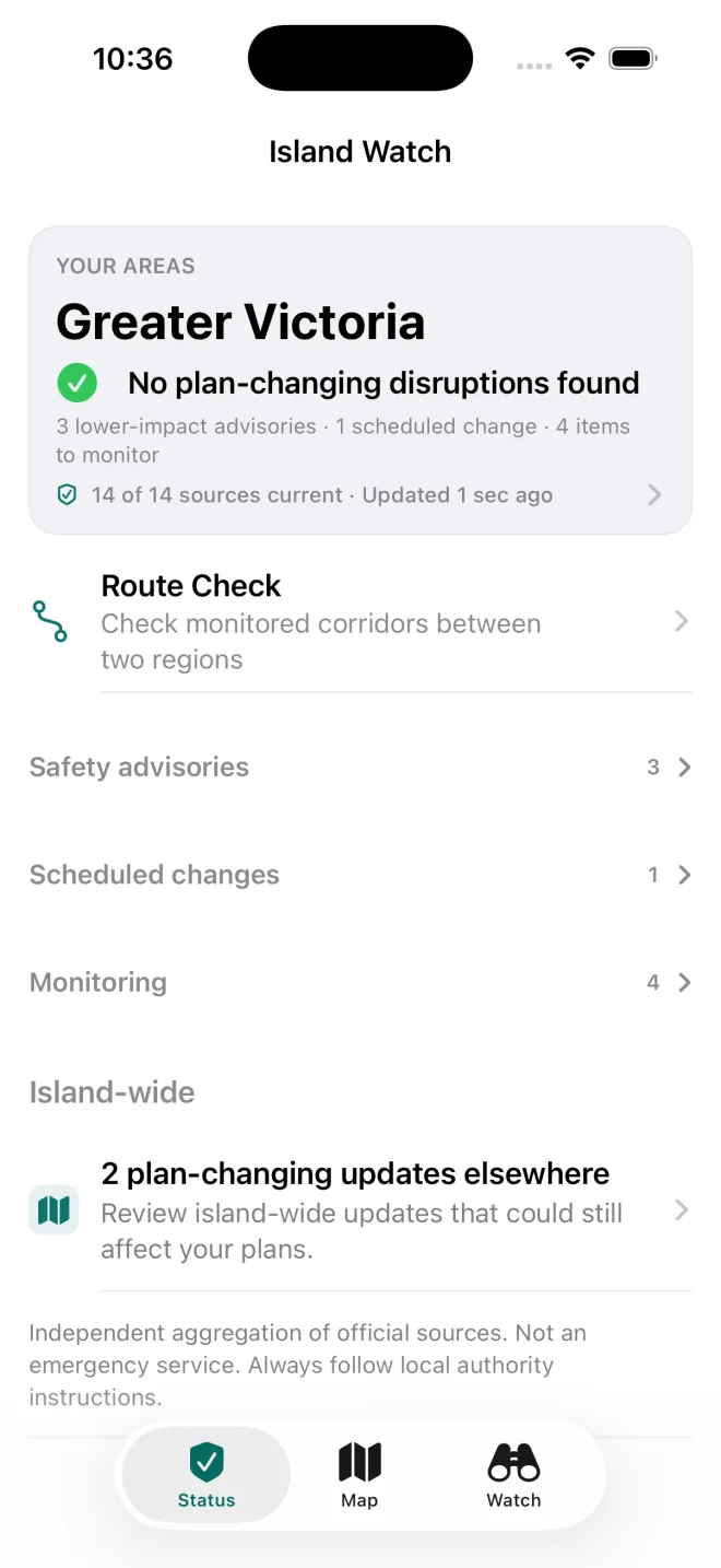Island Watch Status screen showing official sources and regional disruptions