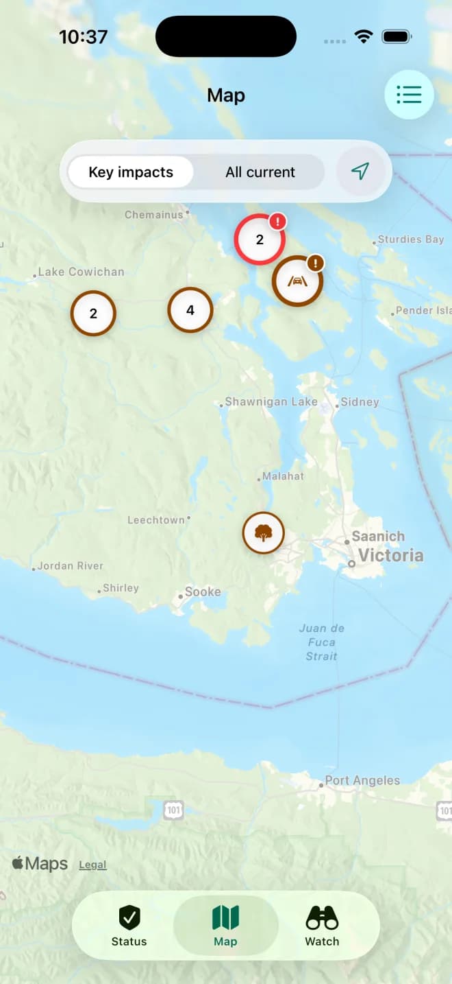 Island Watch Map showing current impact markers across southern Vancouver Island.