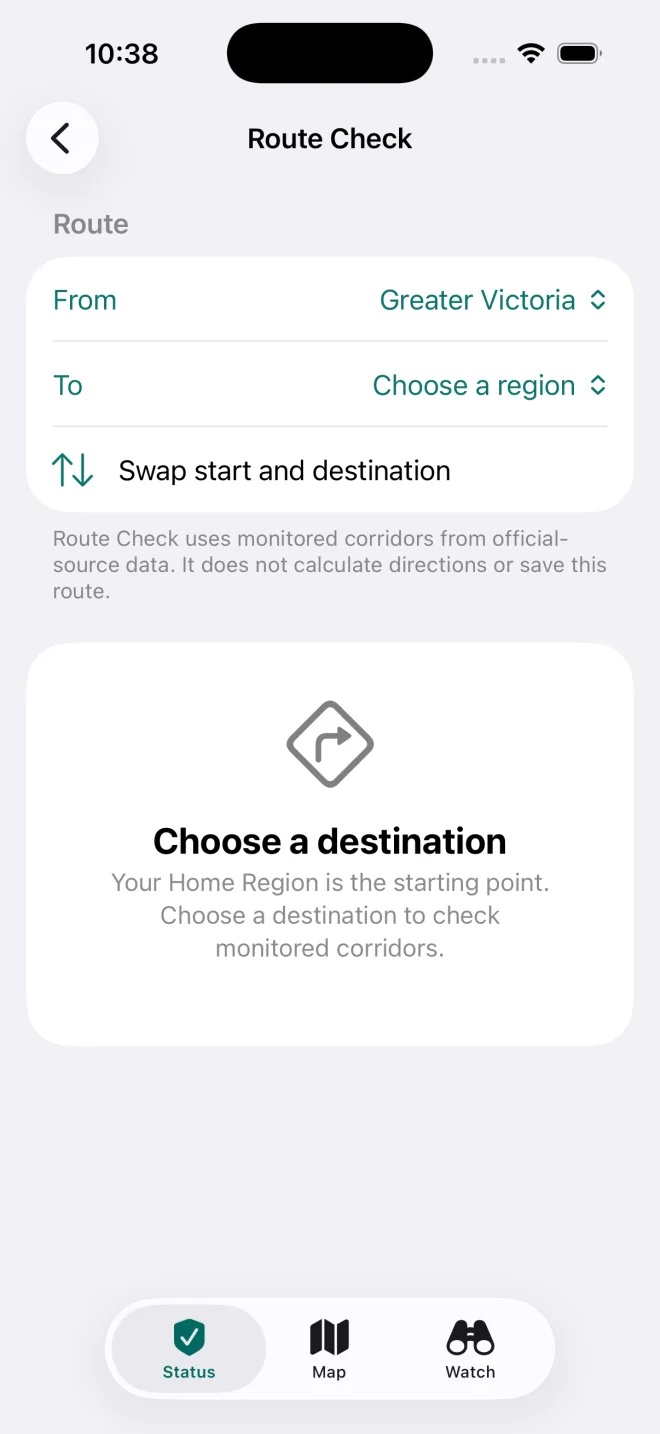 Island Watch Route Check with Greater Victoria as the starting region and a destination selector.