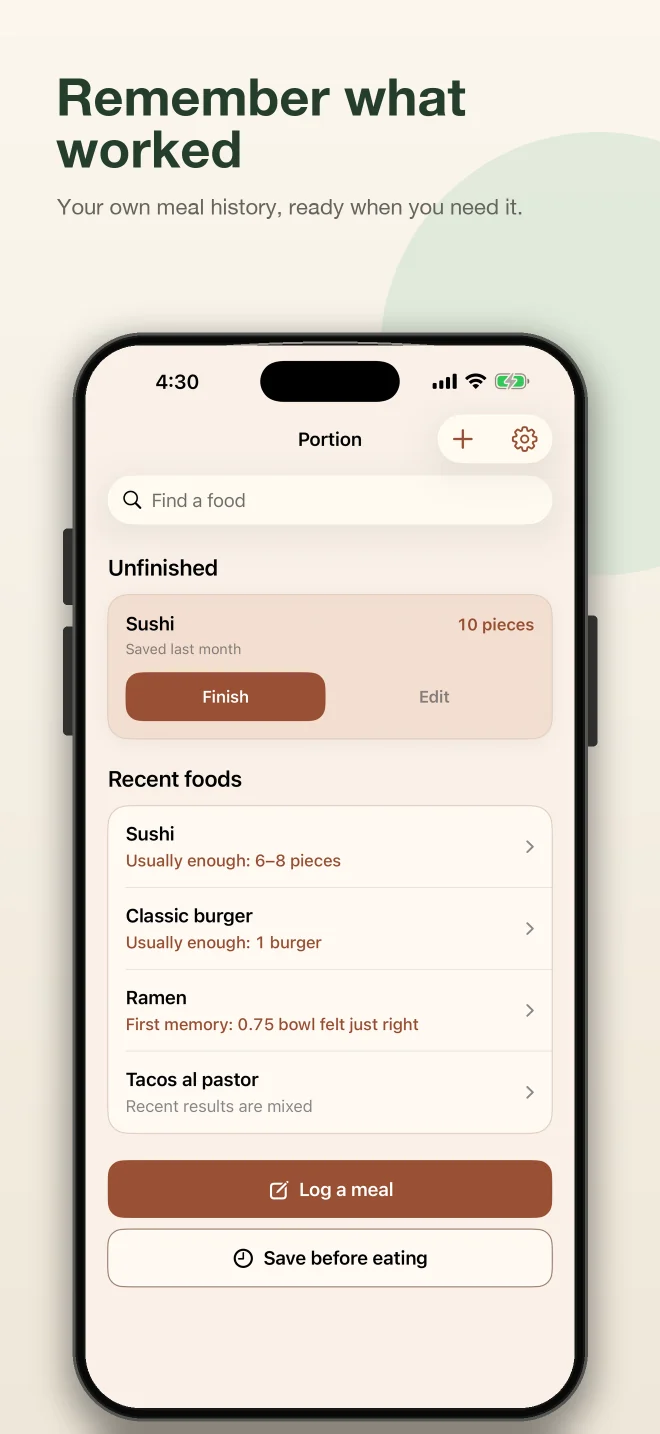 Portion home screen showing remembered portions for familiar meals