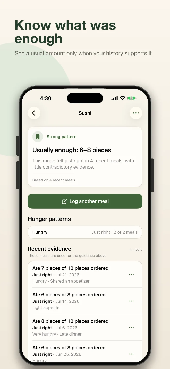 Portion App Store screenshot showing a usual sushi amount supported by four recent meals.
