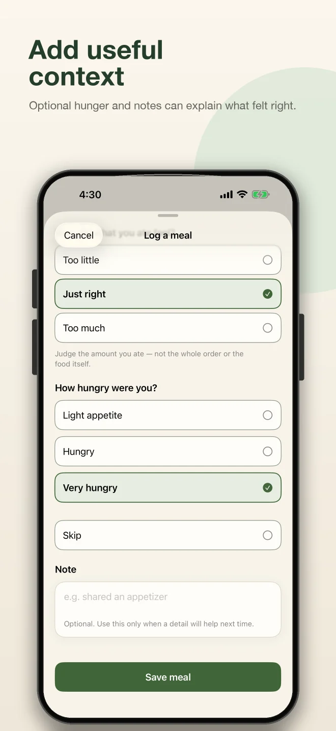 Portion App Store screenshot showing Just right selected with optional hunger and note context.