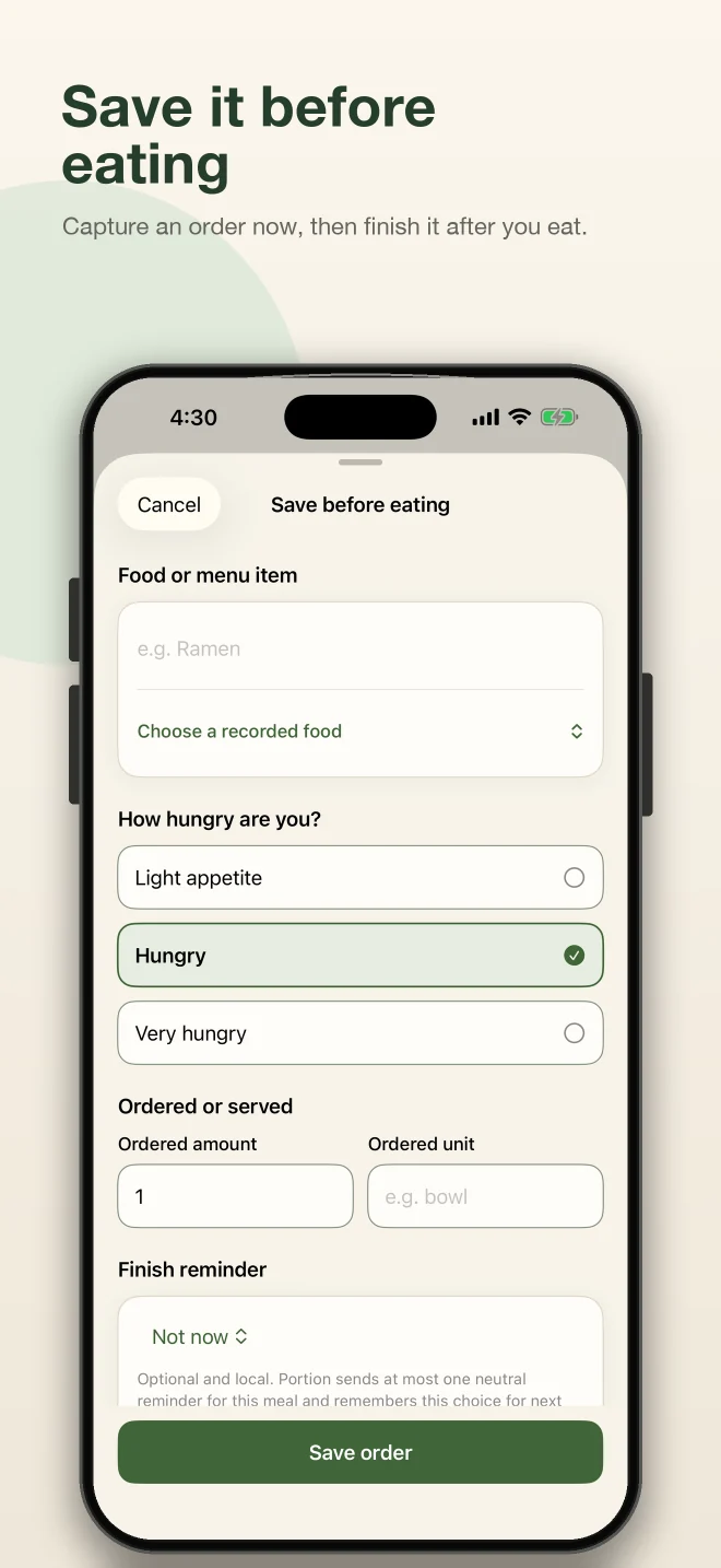 Portion App Store screenshot showing the Save before eating flow with amount and reminder controls.