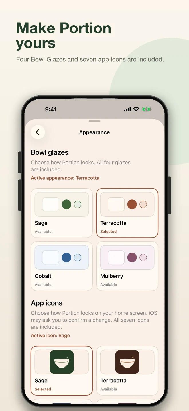 Portion App Store screenshot showing the included Bowl Glaze appearances and alternate app icons.
