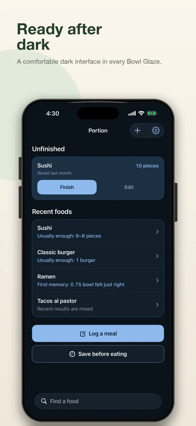Portion App Store screenshot showing the recent-foods Home screen in a dark Cobalt appearance.