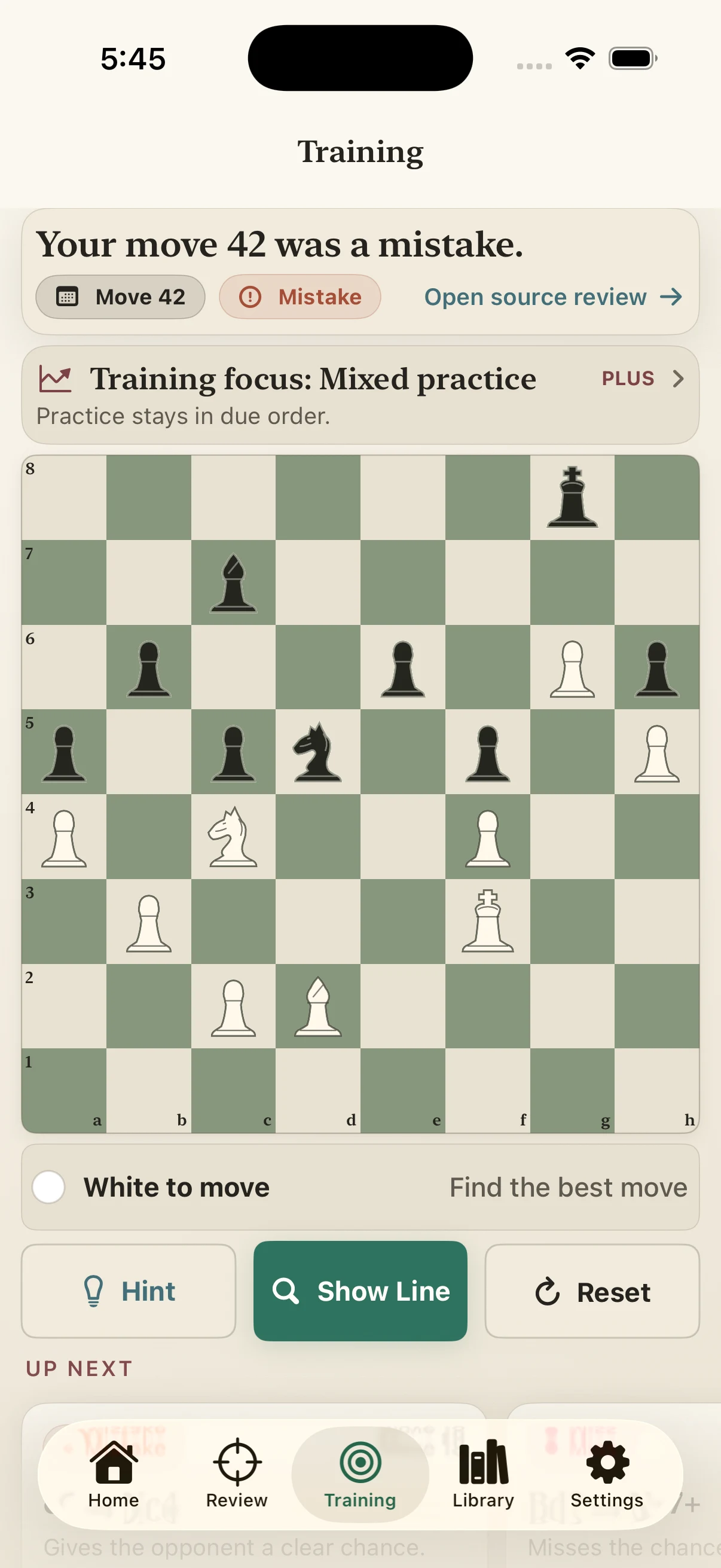 Quiet Move training screen using a position from a reviewed game