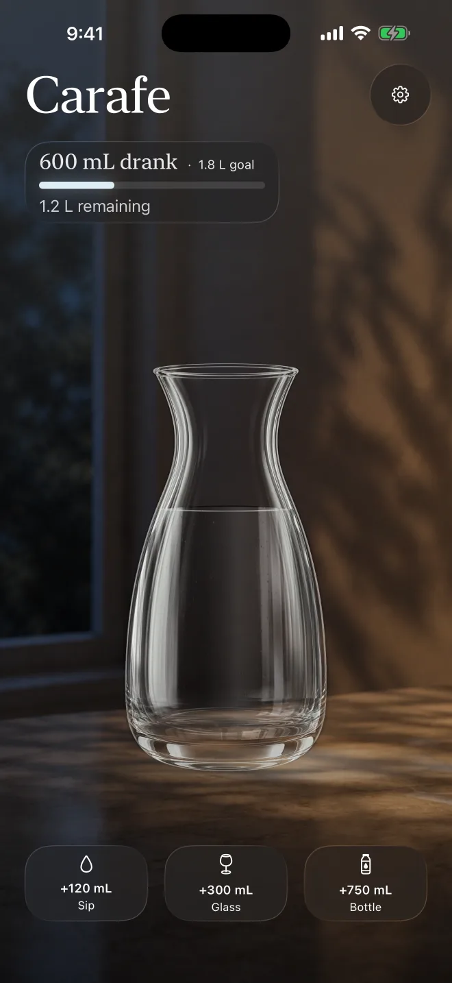 Carafe Today screen showing water progress and quick-pour vessels