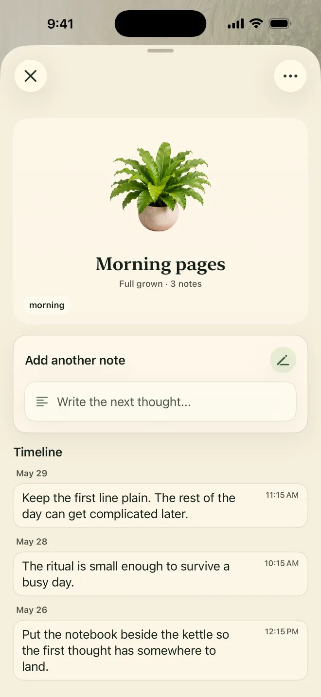 NoteGrove plant detail showing notes added to an idea over time.