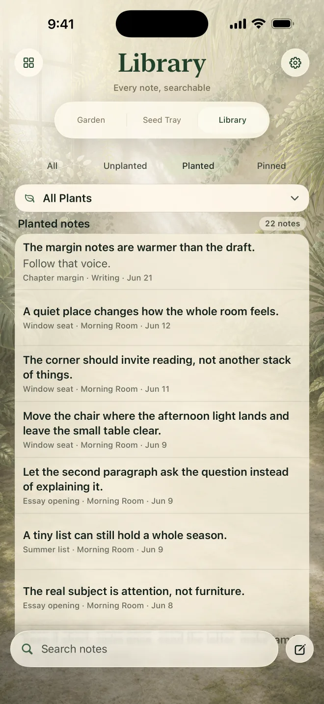 NoteGrove Library showing planted notes in an organized list.